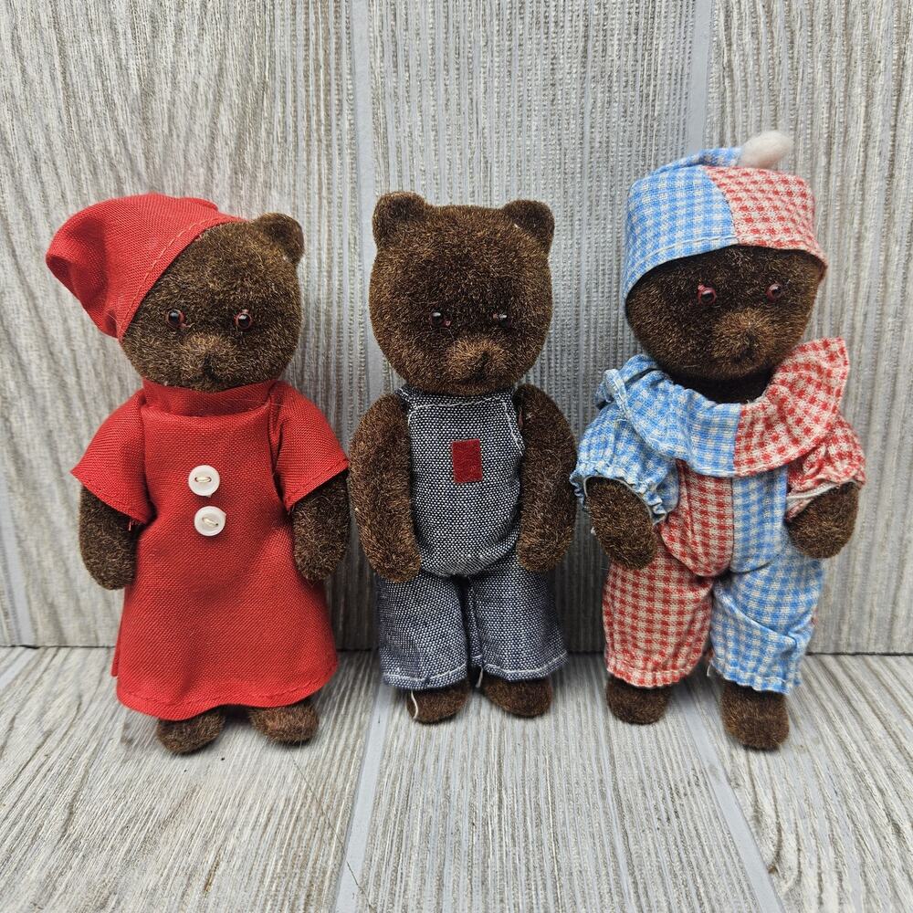 Vintage Shackman Flocked‎ Bear Family Set Hong Kong Plush Dolls Red Blue Pajamas